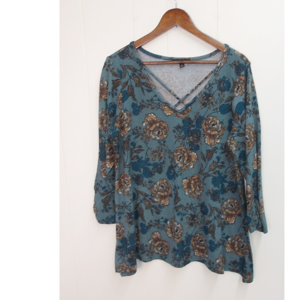 Signature Studio Floral Print Top Criss Cross V Neck 3/4 Sleeve Womens XL /#1030
